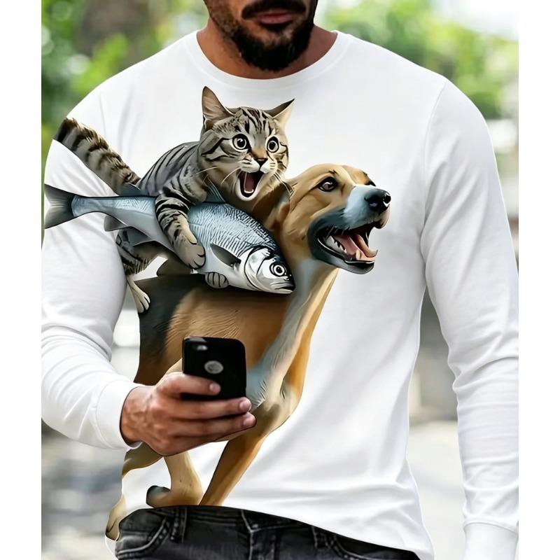 Men's Funny Animal Crew Neck Long Sleeve T-Shirt, Novelty Graphic Casual Streetwear Long Sleeve Tops