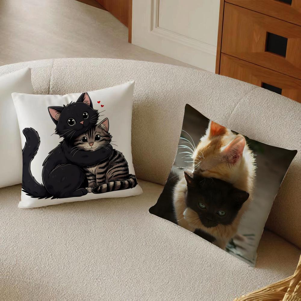 L-Little Black Cat Couple Pillow Cute Cushion Cover Daily Washable Linen Pillowcase Soft For Sofa Bed Home Room Decor