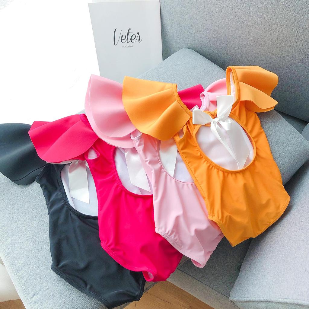 New Korean Style Girls' One-Piece Swimsuit with Ruffled Edges & Bow - Solid Color for Small to Medium Kids
