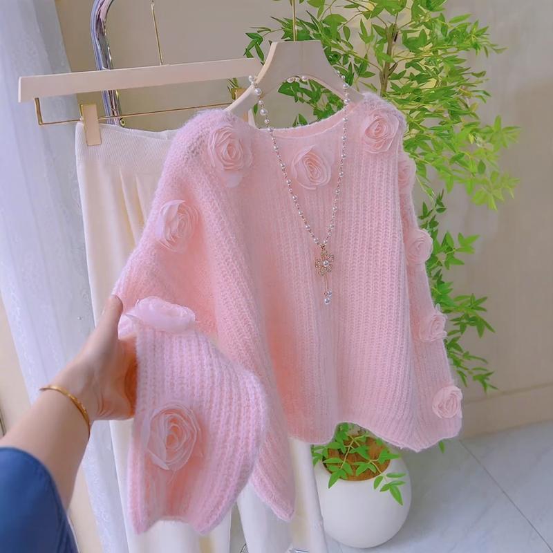 Осенний розовый вязаный свитер с цветочным узором для женщин ленивый французский стиль 3D камелия свободная зимняя одежда L белый 2869₽