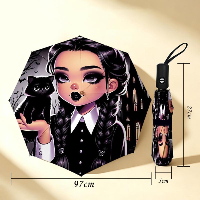 Gothic Cat 8 Ribs 3Fold Black Glue Uv Protection Umbrella Sun Protection Rainproof Compact Folding Umbrella For Travel Daily Use C923635