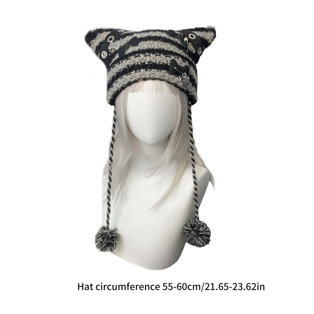 Striped Beanie Girl Y2K Punk Bone Party Hat Knitted Hat Streetwear Thicken Beanie Cat Ear Hat Harajuku Photo Props