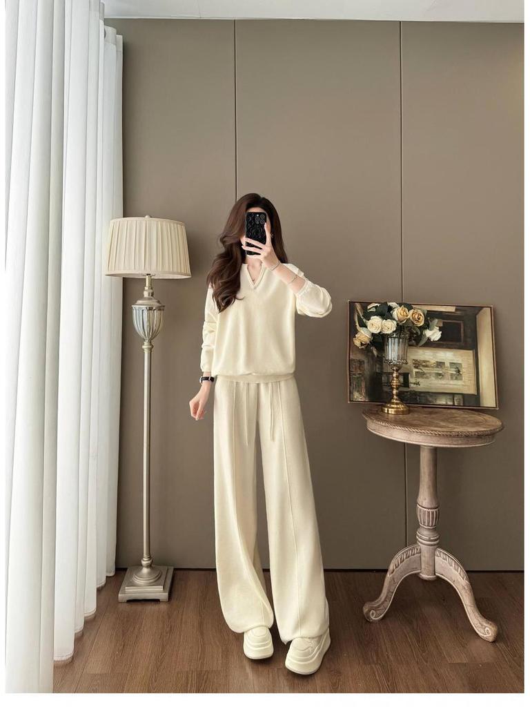 Women's V-Neck Knit Set - Autumn Fashion, Solid Color Two-Piece Trousers and Top