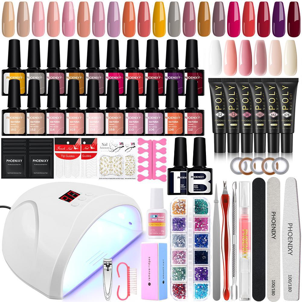 PHOENIXY Gel Nail Polish Varnish Kit with 36W Nail Dryer Lamp Poly Extension Gel Nail Art Manicure Tools Soak-off UV LED Gel Set