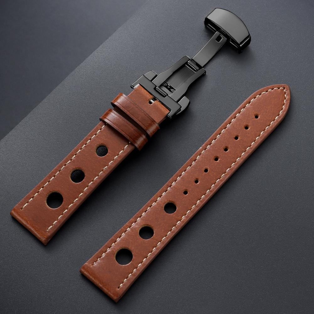 Genuine Cowhide Watchband for Omega Business Watch Band for Seiko 20mm 22mm Butterfly Buckle Stitching Brown Strap for Men Women
