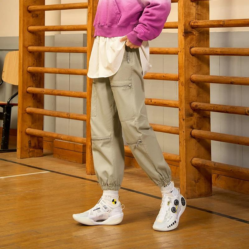 Li Ning X OG Slick Collaboration Letter Pattern Printed Cuffed Knitted Sports Pants Men Bottoms Oatmeal-Gray AKLT689-2