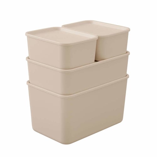 Iris Ohyama Storage Box with Lid, 45cm Wide x 29cm Deep x 13cm High, Stackable Storage Case with Lid, Pink Beige, for Storing Clothes, Toys, Cosmetics