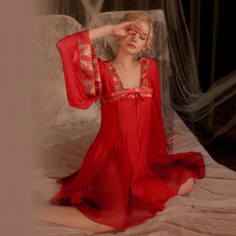 

Экзотический костюм в китайском стиле с вышивкой, красное повседневное мини-платье с длинными рукавами, экзотический костюм для медового месяца, нижнее белье, косплей One Size красный