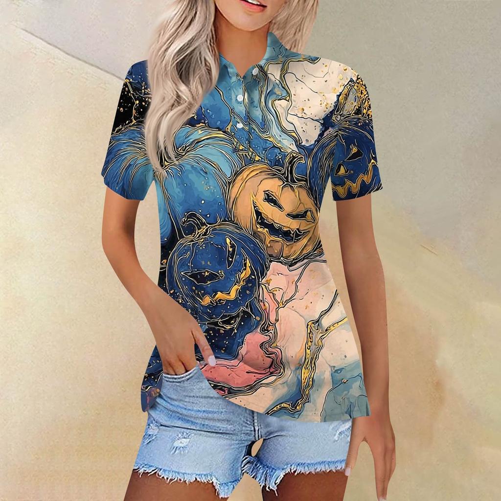 Women's Fashion Casual Lapel Short Sleeve Printed Shirt Women's Button Up Tops