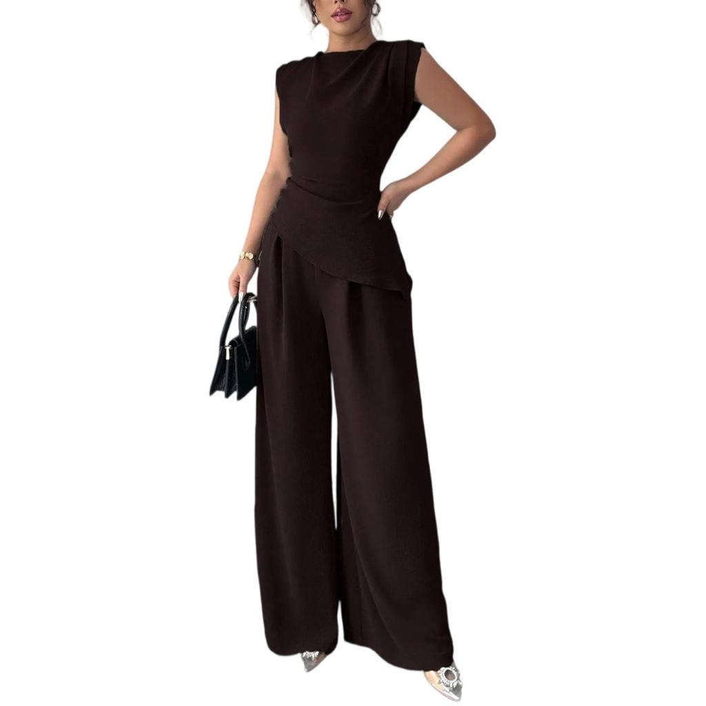 Women's 2-Piece Fashionable Casual Sleeveless Asymmetric Top And Wide-Leg Pants Set