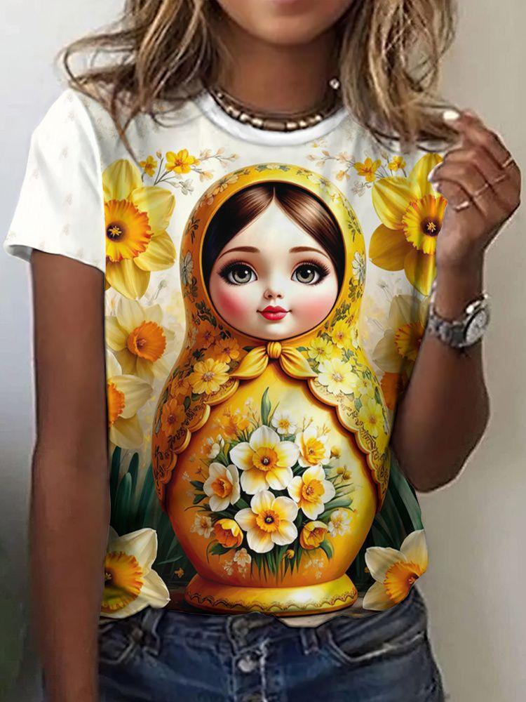 Matryoshka doll 3D print women's round neck short-sleeved T-shirt, Harajuku style top, women's clothing