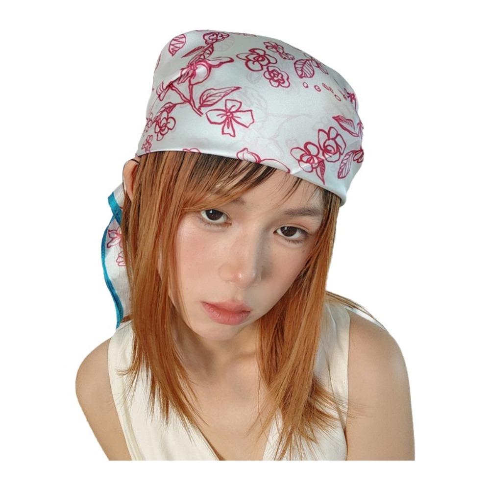 Breathable Flower Printed Scarf Satin Fabric Bandana Head Scarf Square Headband  Women's Accessory
