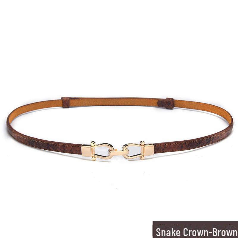 

Тонкий ремень из натуральной кожи с узором в виде змеи и пряжкой в виде короны для женщин - корейский модный аксессуар коричневый