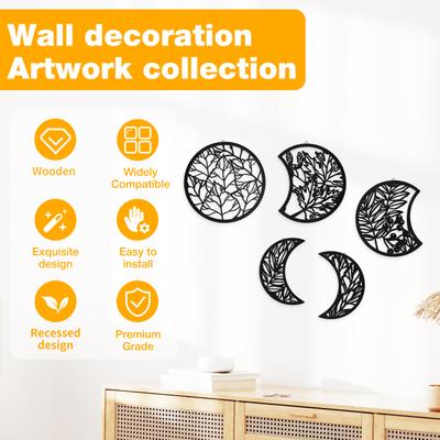 5 Pieces of Wooden Moon Phase Wall Hanging Art Decorations Suitable for Home Background Decoration In Living Rooms and Offices