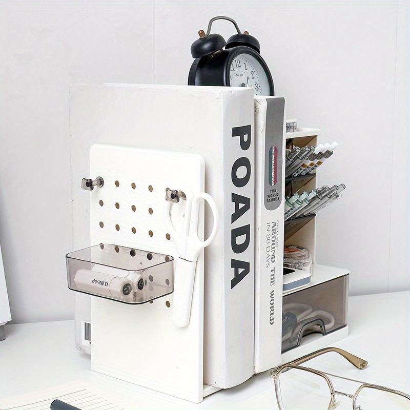 1 peça Suporte de Livros Retrátil de Grande Capacidade Porta-Canetas Organizador Compartimentos em Camadas, Design de Gaveta, Armazenamento de Mesa de Plástico Durável para Estudantes Escritório