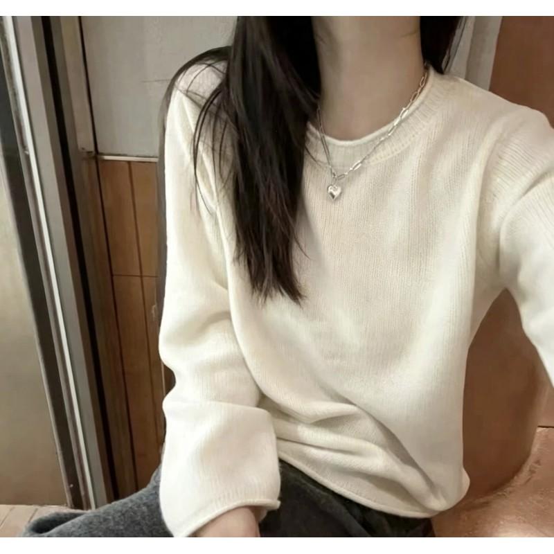 Womens 100% Wool Crewneck Sweater Long Sleeve Loose Fit Casual White Knit Top Everyday Wear
