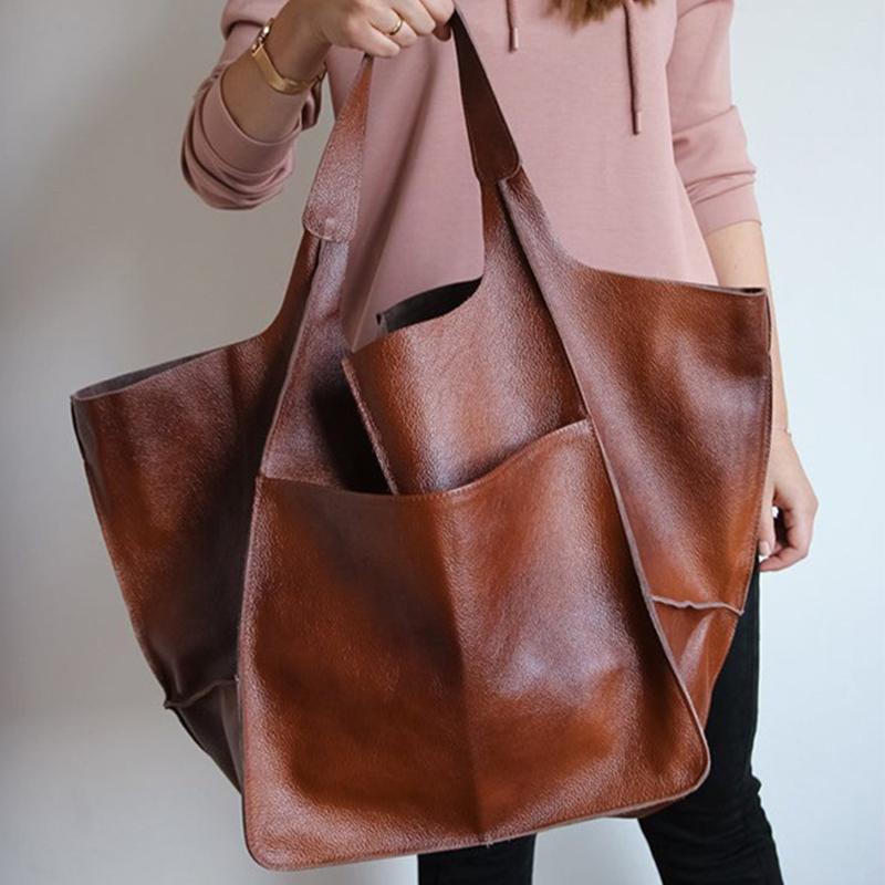 Handgefertigte Große Strandtasche Hohe Kapazität Reißverschluss Schulter Einfarbige Multifunktionale Handtaschen Für Damen braun