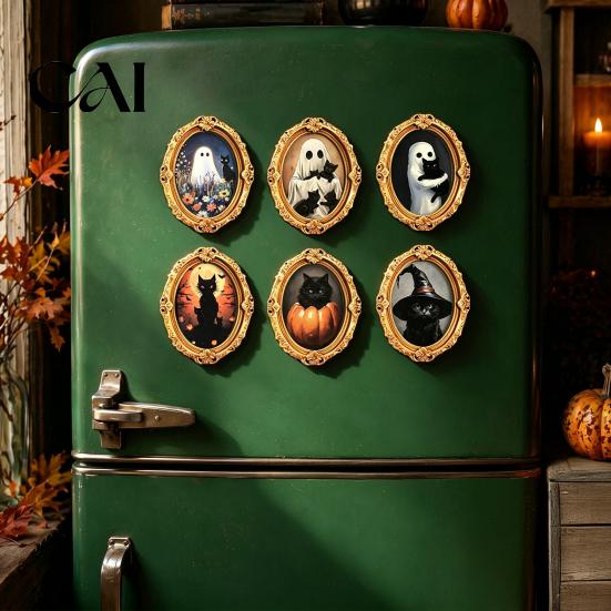 Kitchen Refrigerator Magnet 1/6Pcs Halloween Retro Frame Magnet, Wooden Fridge Seasonal Magnets Decor Decoration, Memo Note Holder for Holiday