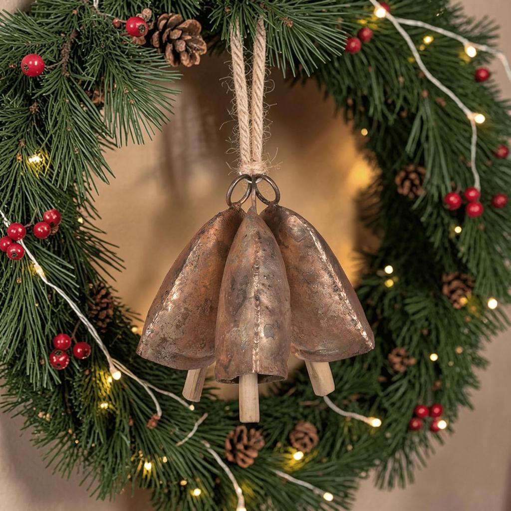 Handmade Decorative Bells Set of 3 | Artisan Brass Finished Iron for Festive Home Décor and Holiday Wreath Making | Unique Traditional Accents