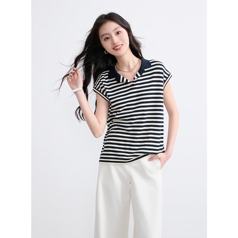 

Женский трикотажный топ-поло Sancai 2025 на лето, в полоску, свободного кроя S