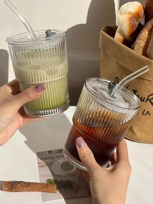 1PCS 400ml Striped Glass Cup with Transparent Lid Straw Iced Coffee Cup Tea Cup Milk Water Cup Beverage Cup Juice Cup