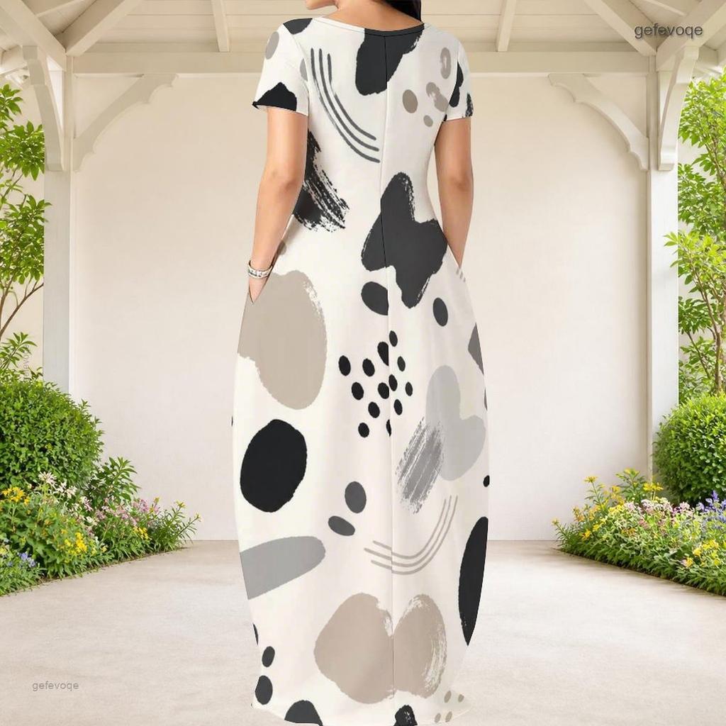 Women Plus Size Round Neck Short Sleeve Abstract Printed Loose Maxi Dress With Side Pockets