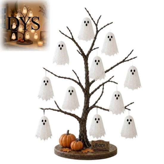 Indoor Halloween Party Props Glowing Ghost Tree Tabletop Decor, LED Lighted with Kid Friendly Ornaments Hanging for Home, Fireplace Mantel,