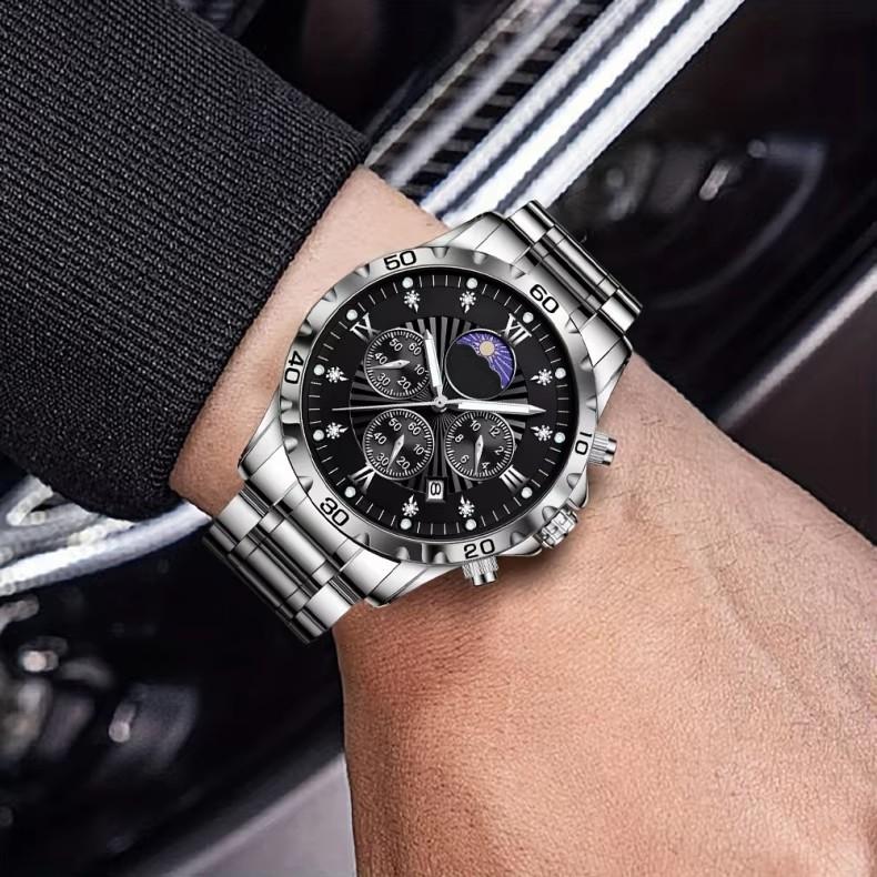 Men's Quartz Watch with Subdials Analog Wristwatch with Date-Display Waterproof Luminous Chronograph Dress Watches Stainless Steel Band