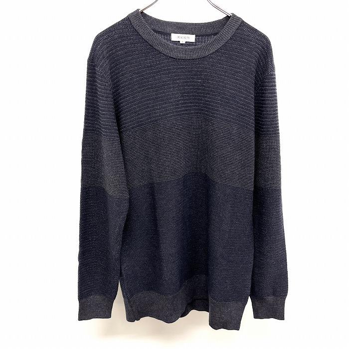 [New item] [Impression N] PLST plaste knit sweater slightly thin panel border round neck long sleeve acrylic x wool x nylon M navy x gray navy blue
