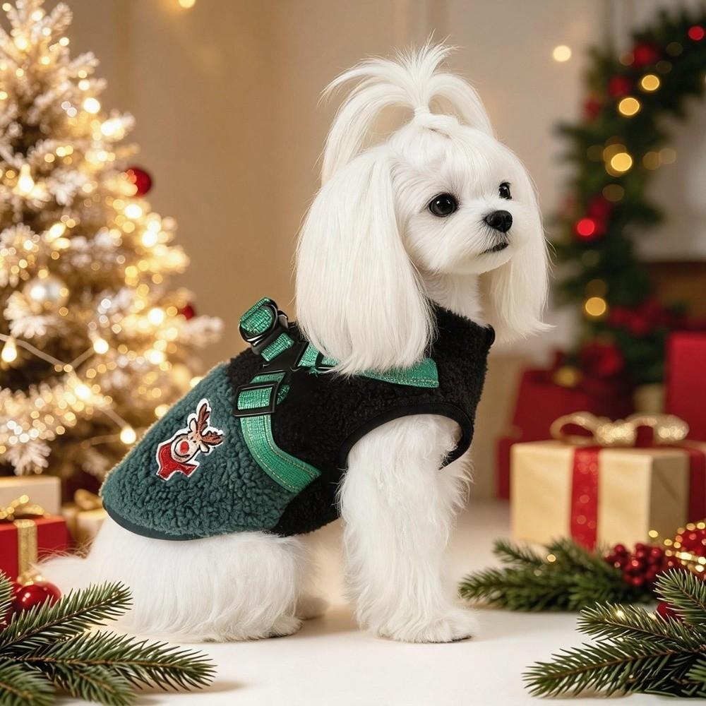 Elk Pattern Dog Plush Zipper Vest Comfortable Winter Dog Jacket Christmas Dog Coat Travel