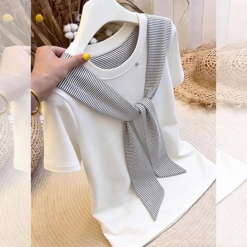Small people are also suitable! Minimalist white striped streamer short-sleeved T-shirt slim and thin casual versatile top M белый