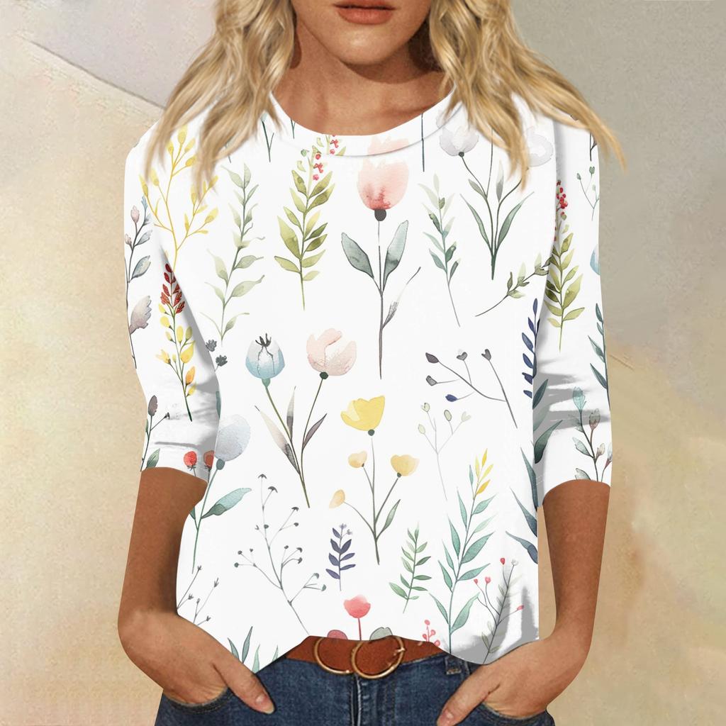 Women's Fashion Casual Round Neck 3/4 Sleeve Loose Printed T-Shirt Ladies Top