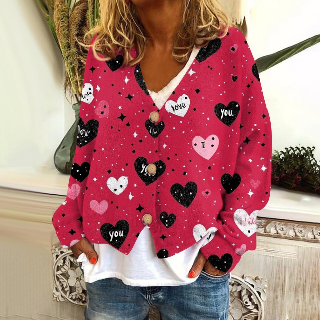 Women's Fashion Short Jacket Casual Long Sleeve Valentine's Day Printed Single Breasted Plush Top