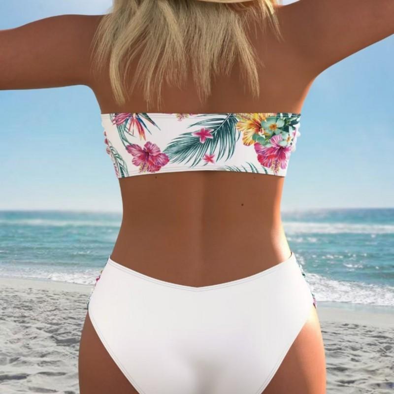 Womens High-Waisted Two-Piece Swimsuit With Contrast Print Built-in Pad Tummy Control Bikini Set Beach Vacation