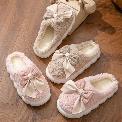 Bow Cotton Slippers Women's Winter 2025 Indoor Home Thick Bottom Non-slip Warm Fluffy Slippers Women