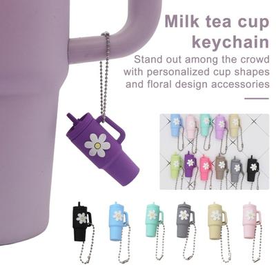 Milk Tea Cup Decoration Floral Print Keychain Pendant Food Grade Silicone Vibrant Color Mini