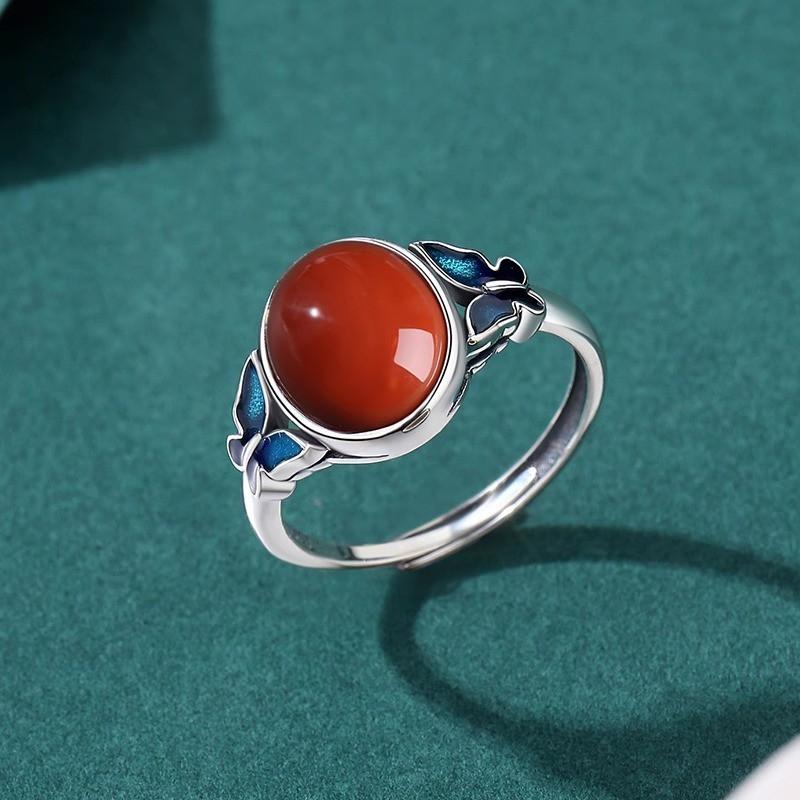 Adjustable Open Ring Women Men Vintage Butterfly Motif Enamel Red Agate Bohemian Style Copper Jewelry