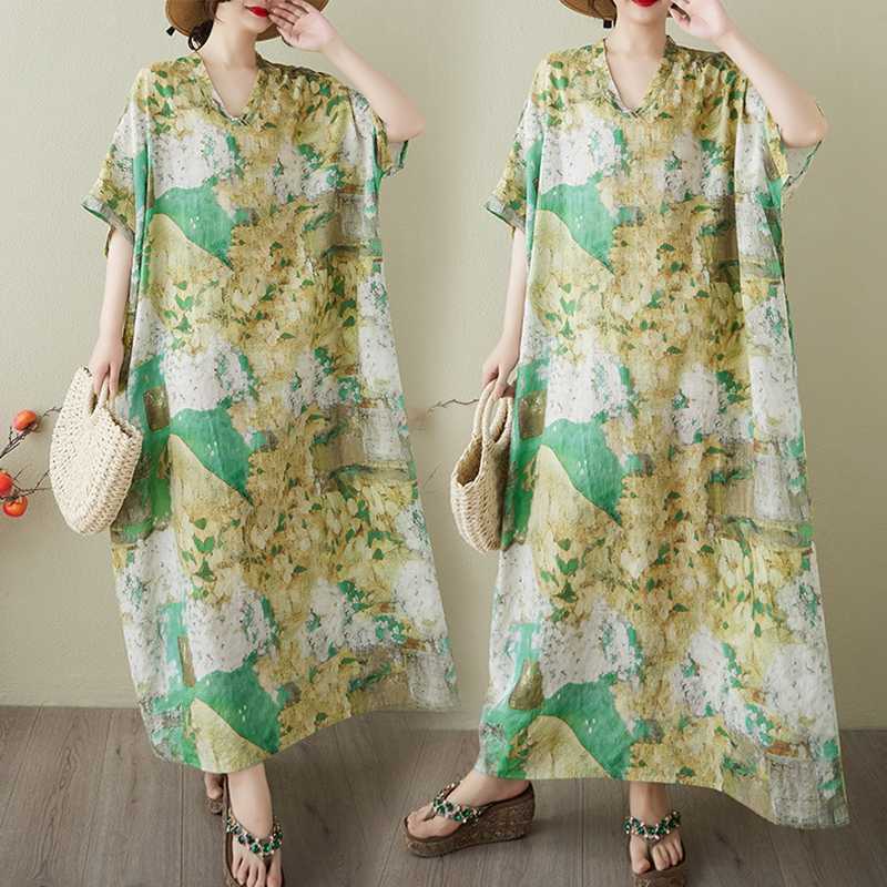Damen Vintage Langes Kleid mit Baumwoll- und Leinenmustern