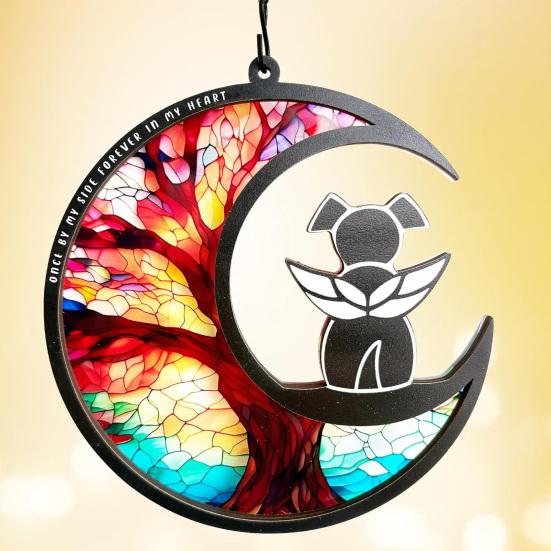 Pet Memorial Suncatcher Angel Cat Dog Sun Catcher Panel Stained Glass Window Hanging Ornaments Pet Loss Sympathy Gift for Pet Lovers