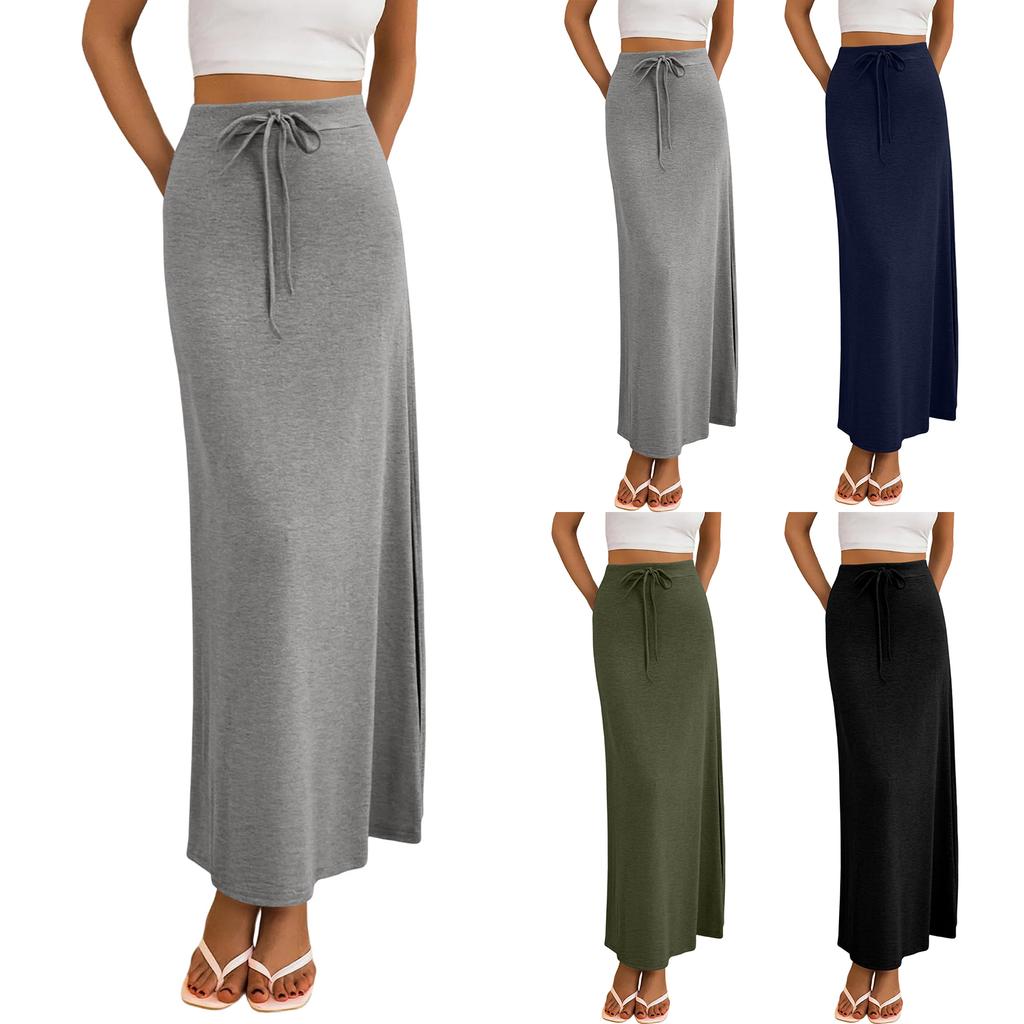 Women Casual High Elastic Waist Slimming Lady Tight Long Solid Skirt