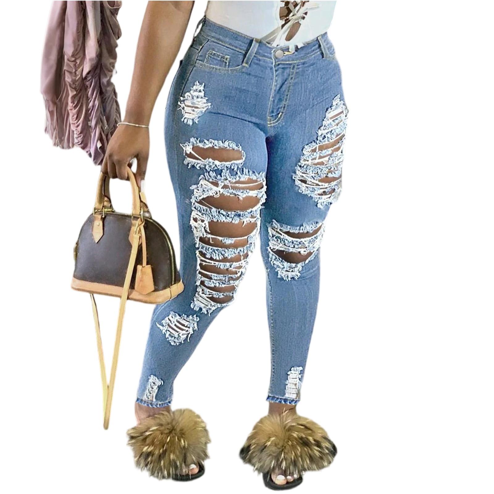 Women s Ripped Skinny Jeans Stretch Denim Pants High Waist Casual Slim Fit Distressed Tattered Design Fashionable Streetwear M