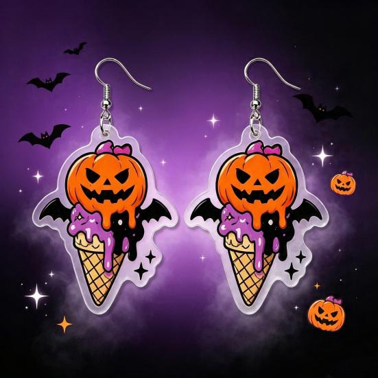 Halloween Theme Party Decor 1 Pair 2D Acrylic Earrings for Women, Spooky Pumpkin Skull Cool Aesthetic Black Cat Dangle Drop Earrings, Holiday Jewelry