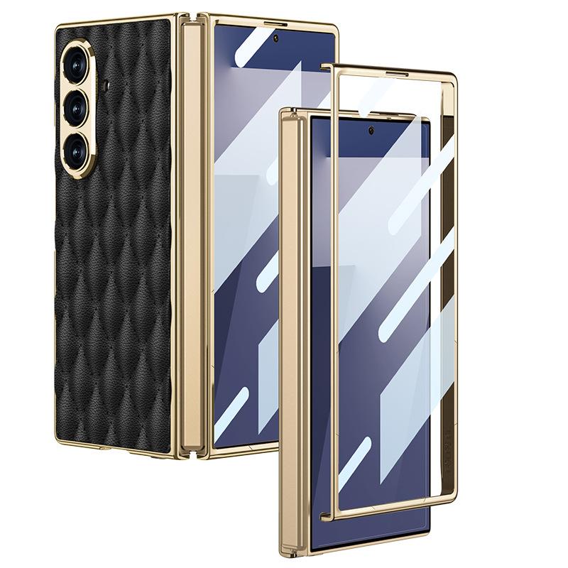Samsung Zfold7 Mobile Phone Case Electroplated Plain Leather Shell Film Integrated Lambskin Diamond Pattern Protective Cover