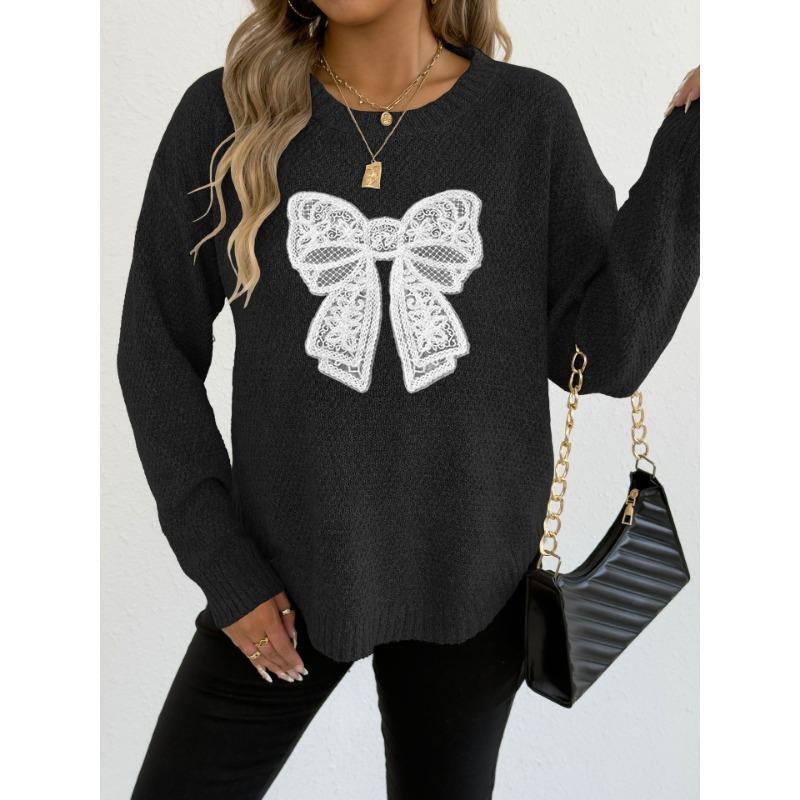 Women S Round Neck Long Sleeve Pullover Sweater Featuring Embroidered Lace Butterfly Splicing