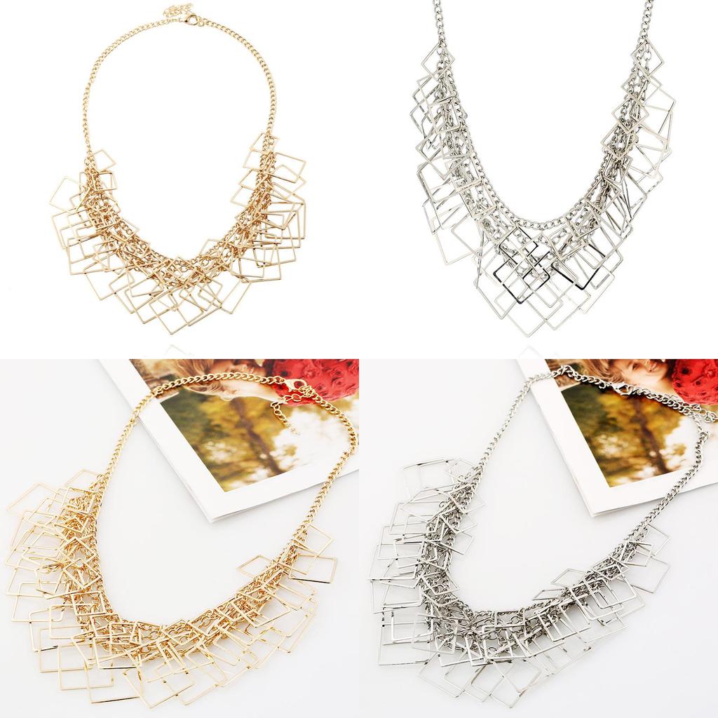Layer Multi Square Geometric Necklace Metal Chain Pendant For Vintage Gift Style