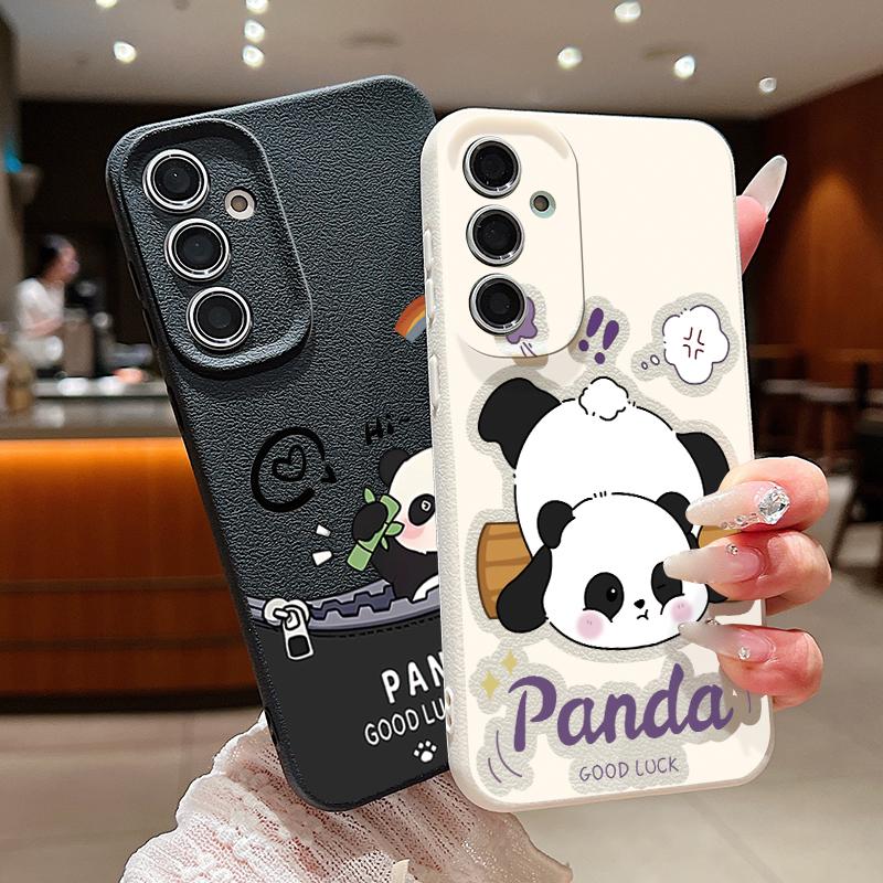 Cute Panda Print Case For Samsung S26 S25 Ultra S24 S23 S22 S21 FE A15 A35 A55 A16 A36 A56 A17 A18 A37 A57 5G Leather Texture Soft Cover