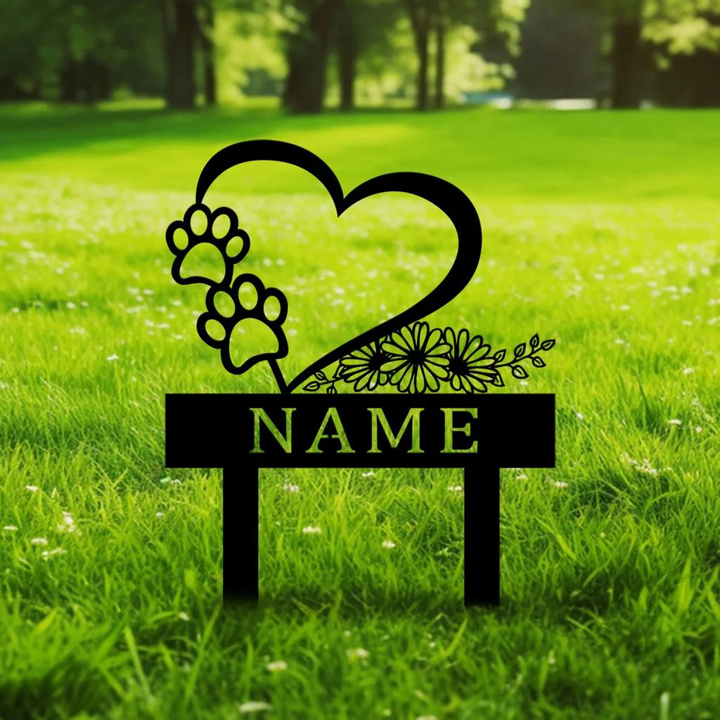 Custom Metal Heart Garden Stake, Personalized Dog Memorial Sign with Paw, Outdoor Yard Art