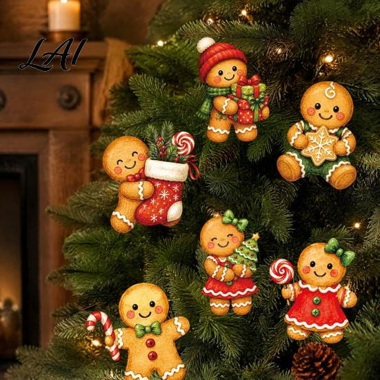 Cute Cartoon Holiday Picks 6 Pcs Large Christmas Tree Picks Wooden Santa Snowman Gingerbread Ornaments Xmas Man Party Supplies Topper Decoration for