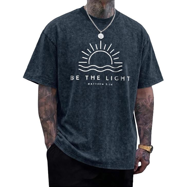 Christian Be The Light Shirts for Men Jesus God Faith Religious Bible Verse T Shirt Oversized Acid Wash Graphic Tees