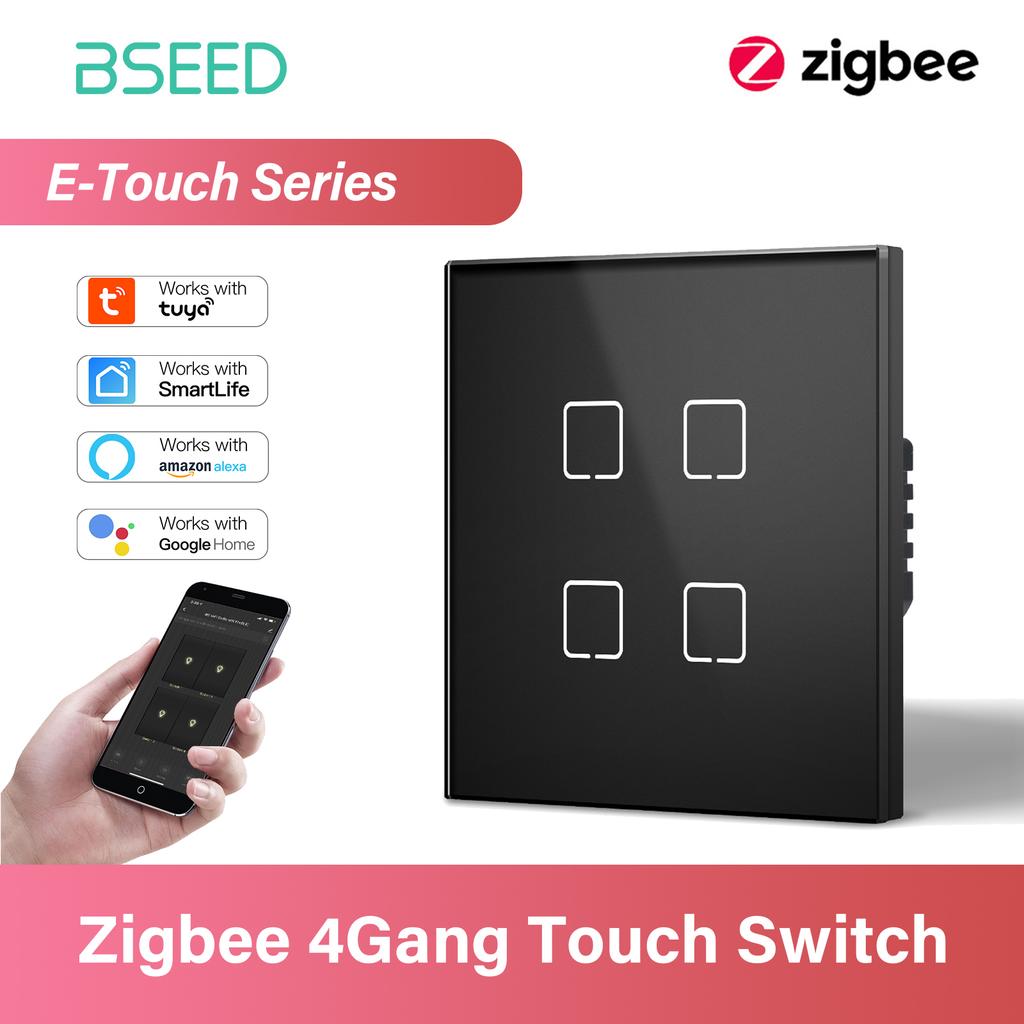 BSEED 1/2/3/4-fach Zigbee Touch-Schalter Glas mit EU-Steckdosen Intelligenter Wandlichtschalter Touchscreen Hintergrundbeleuchtung E-Serie